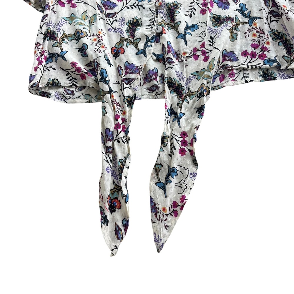 ONE Clothing LA Women's XS Cream Pink Floral Tie Front Short Sleeves Crop Blouse - Picture 10 of 16